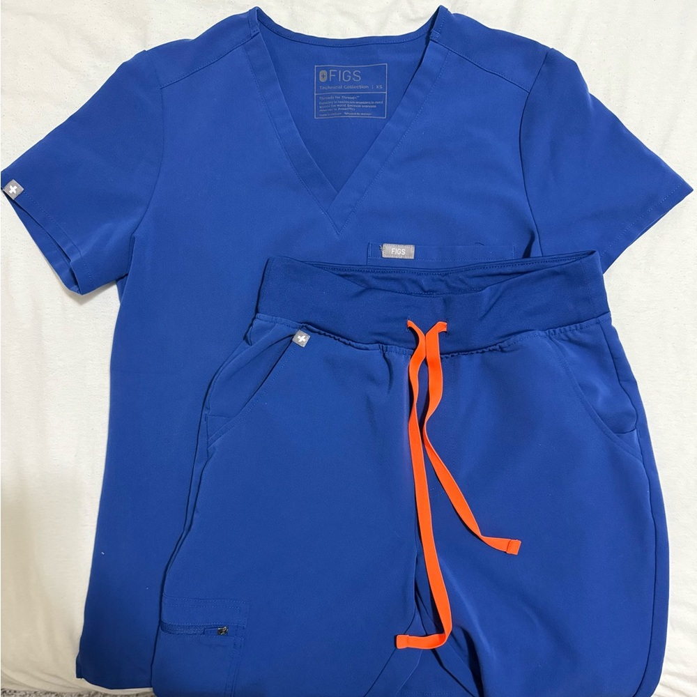Figs Blue Scrub Set with Orange Accents